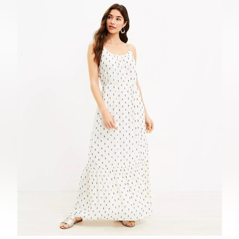 Loft Clip Stappy Founce Maxi Dress Navy Dot